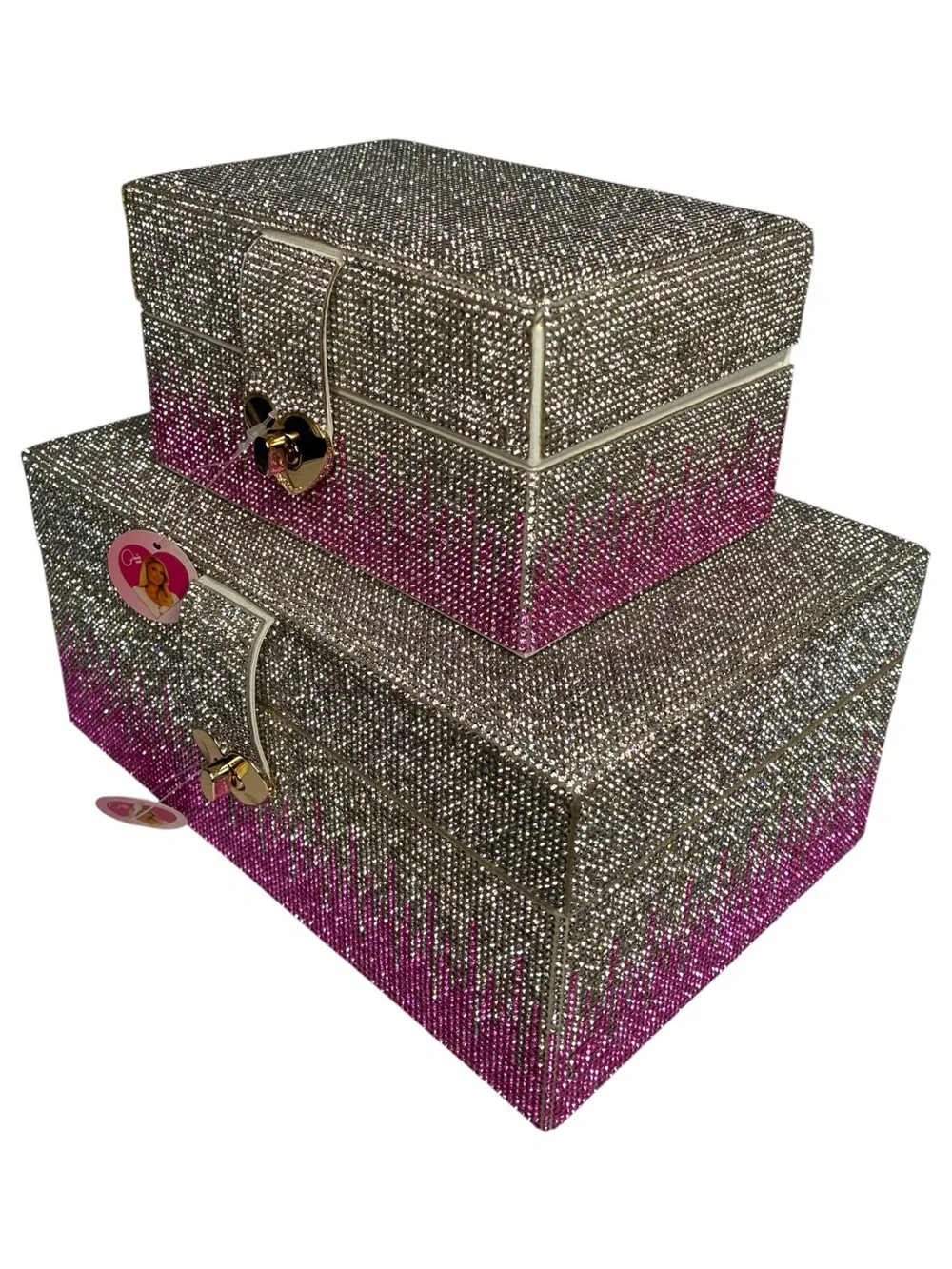 Paris Hilton Ombré Pink Silver Rhinestone Decorative Storage jewelry box Set